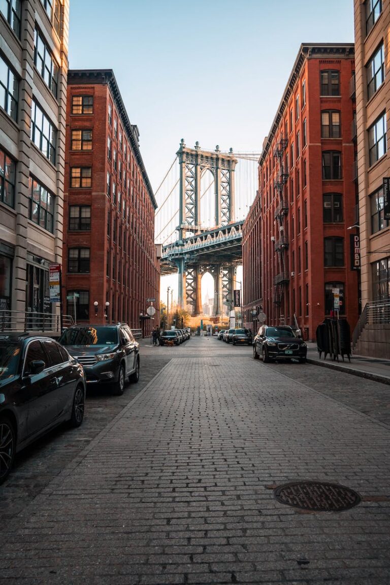 The Manhattan Bridge viewed down a cobbled street in DUMBO, Brooklyn