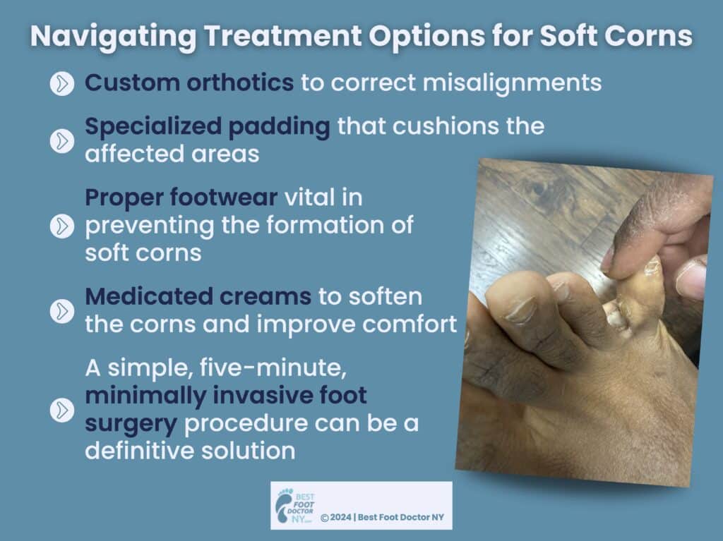 Callout 1: Foot with soft corn between pinky and fourth toe- treatment options for soft corns- five options.