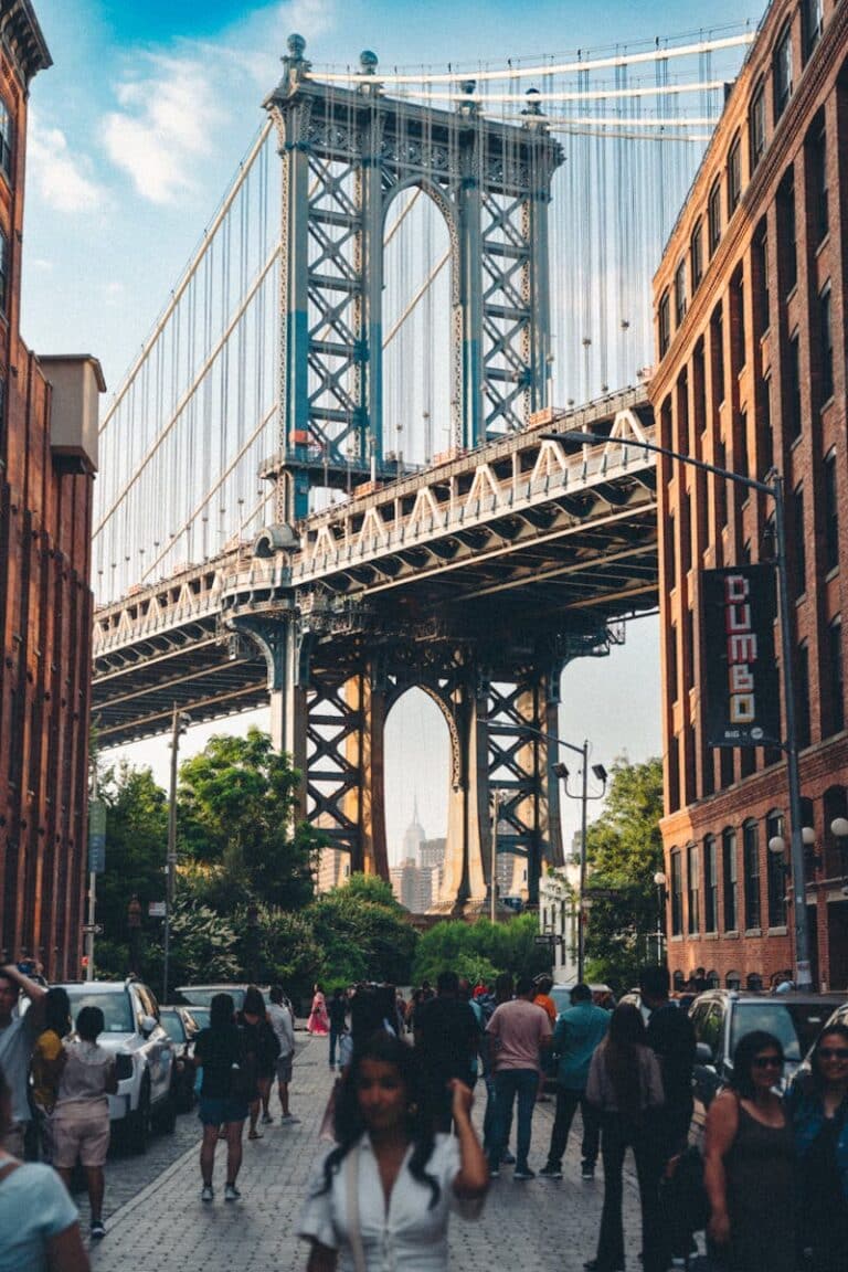 The Manhattan Bridge seen from a cobbled street in DUMBO, Brooklyn