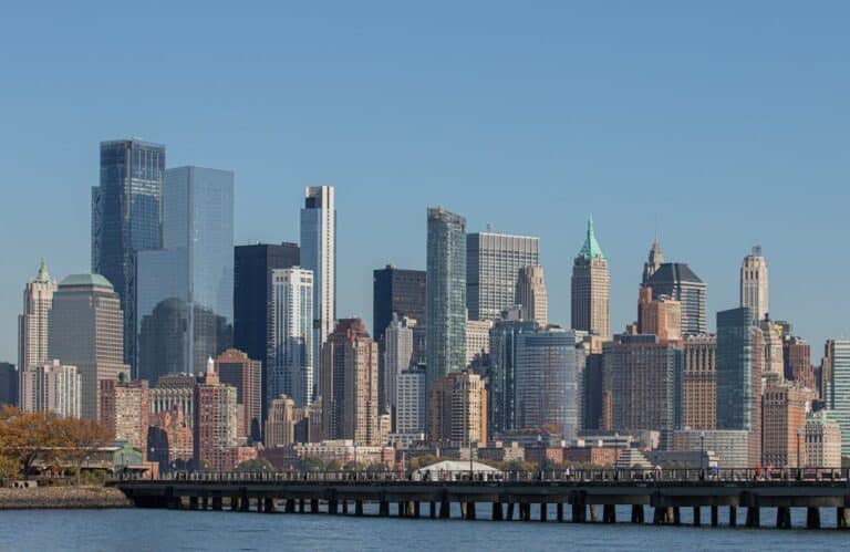 The Lower Manhattan skyline seen across the water on a clear day